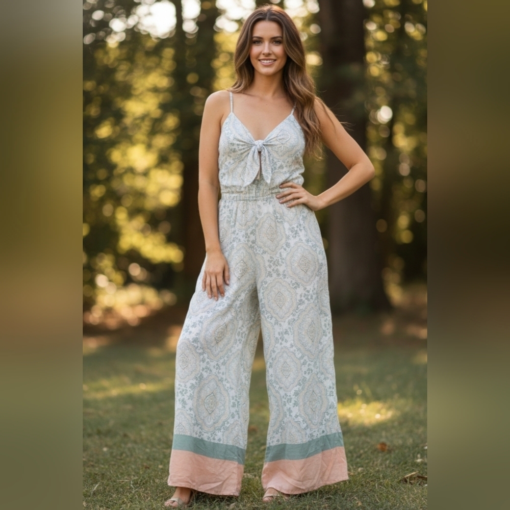 Surf Gypsy Light Blue and Blush Floral Tie-Front Jumpsuit